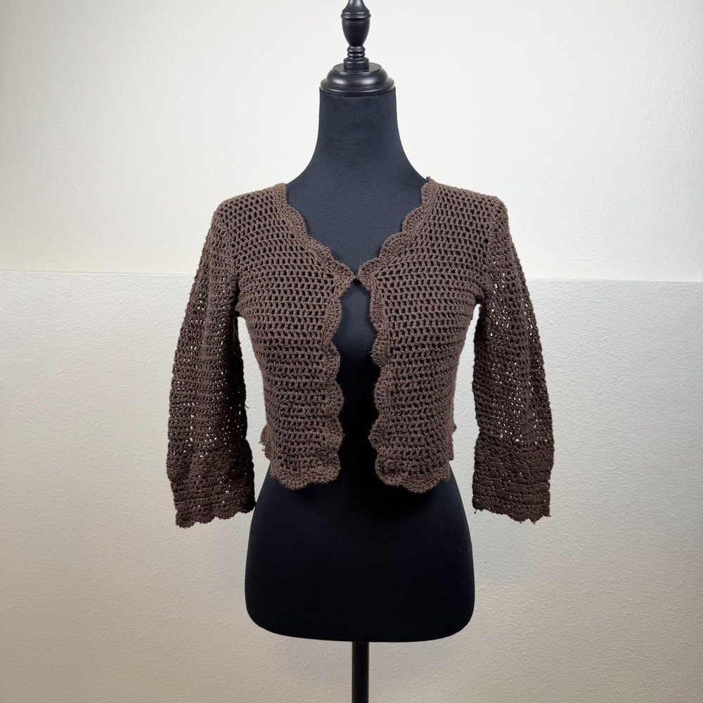 Vintage R.Q.T. Brown Crochet Bolero Cardigan — Size M 🤎